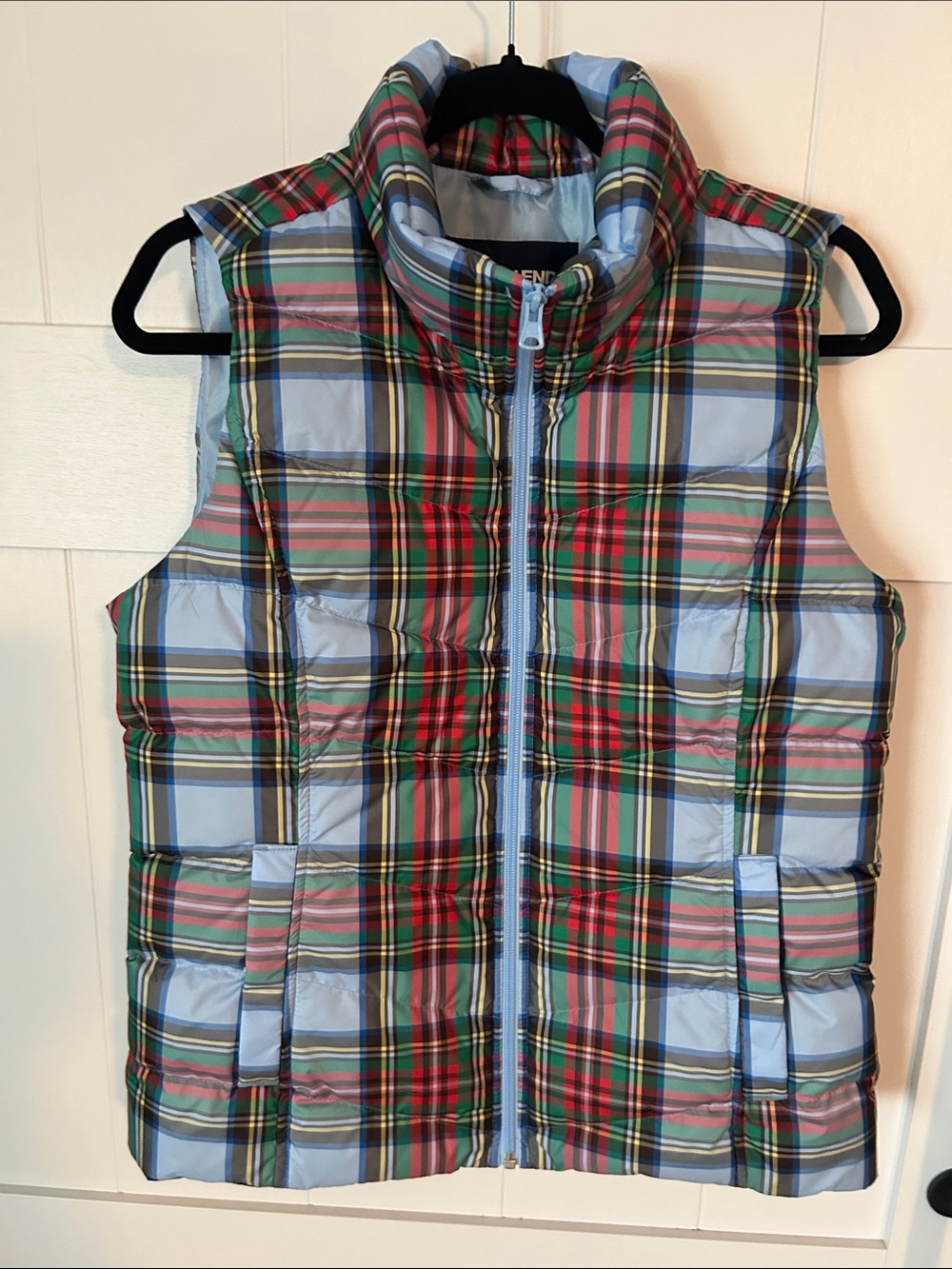 Lands' End Light Blue Plaid Puffer Vest
